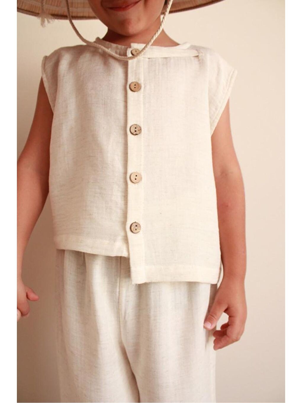 Bej Asimetrik Yelekli Keten Alt Üst Takım-7