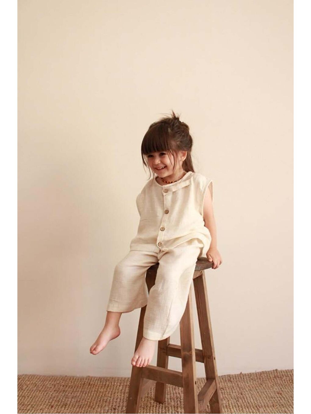 Bej Asimetrik Yelekli Keten Alt Üst Takım-8