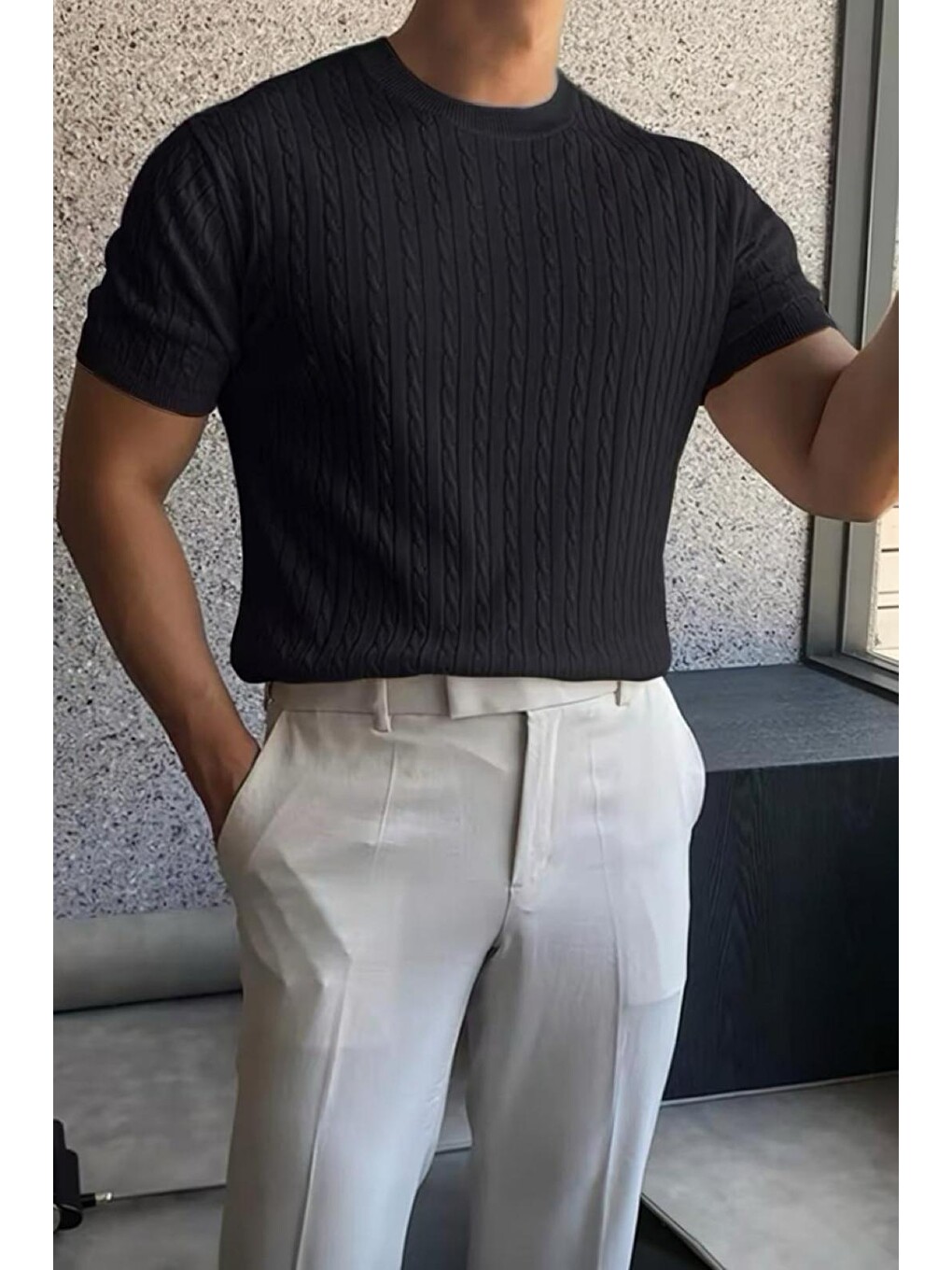 Siyah Kelly Lüks Seri Erkek Slim Fit Saç Örgü Desenli Bisiklet Yaka Kısa Kollu Triko Tişört