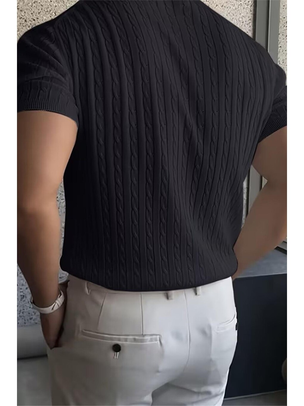 Siyah Kelly Lüks Seri Erkek Slim Fit Saç Örgü Desenli Bisiklet Yaka Kısa Kollu Triko Tişört-3