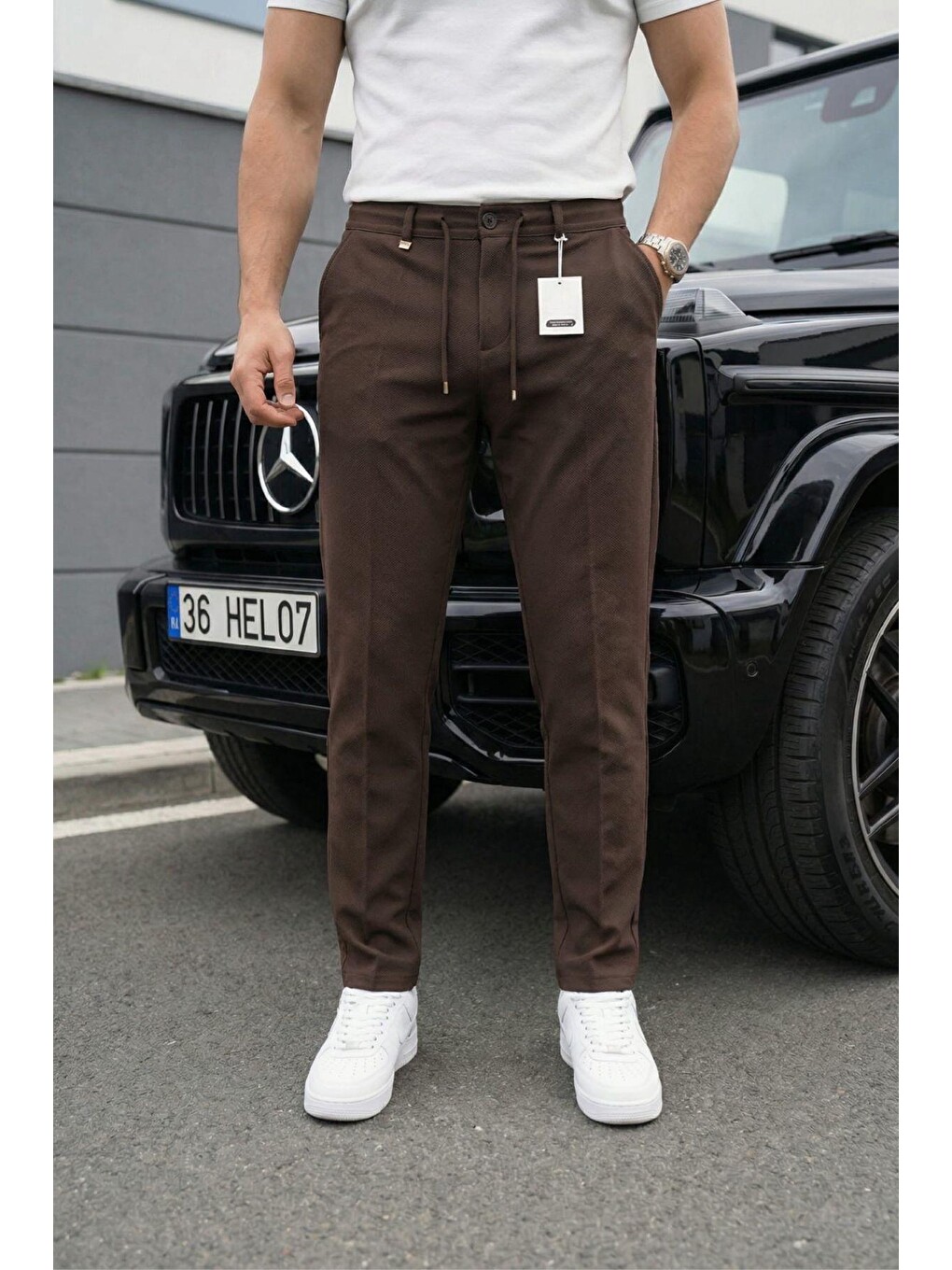 Kahverengi Holl Beli Lastikli ve Bağcıklı Elastanlı Esnek Örme Jogger Pantolon-1