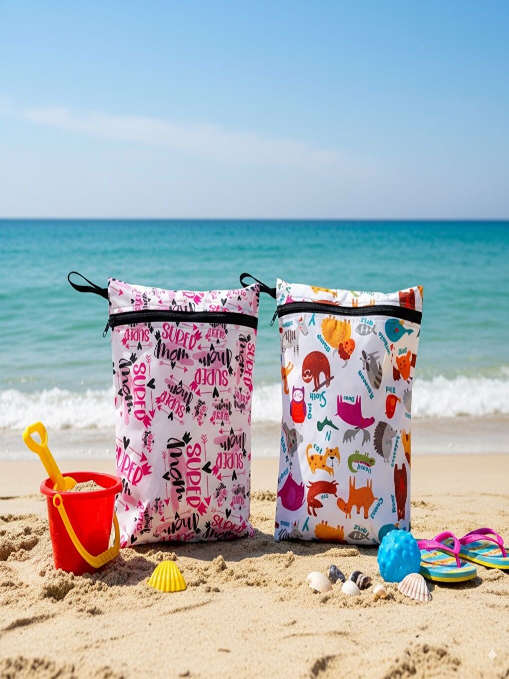 Karışık 2 Adet, 37x30 cm, Mom ve Zoo Desen, Sıvı Geçirmeyen Çok Amaçlı Çanta, Ekonomik Set, Yıkanabilir