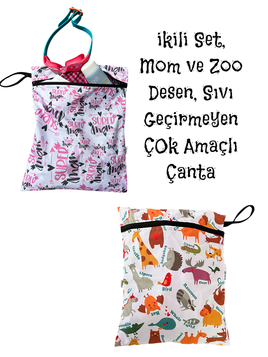 Karışık 2 Adet, 37x30 cm, Mom ve Zoo Desen, Sıvı Geçirmeyen Çok Amaçlı Çanta, Ekonomik Set, Yıkanabilir-2