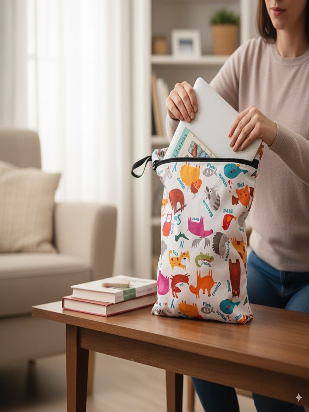 Karışık 2 Adet, 37x30 cm, Mom ve Zoo Desen, Sıvı Geçirmeyen Çok Amaçlı Çanta, Ekonomik Set, Yıkanabilir-10