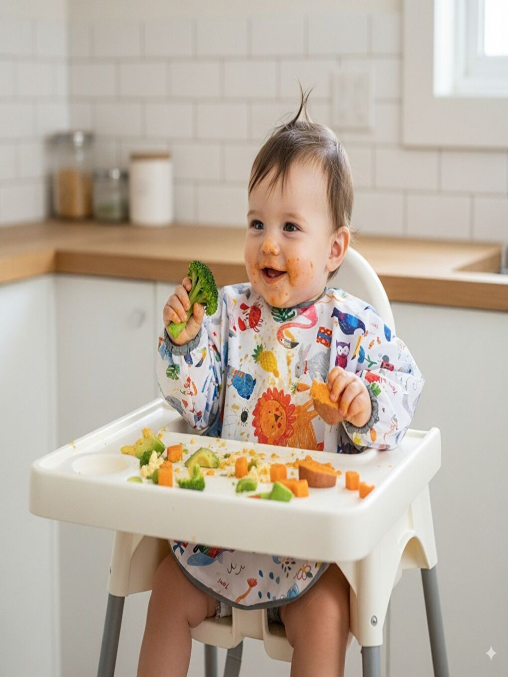 2-4 yaş Jungle Sıvı Geçirmez, Makinede Yıkanabilir, Cepli, Oekotex-100, Uzun Kollu Bebek Mama Önlüğü