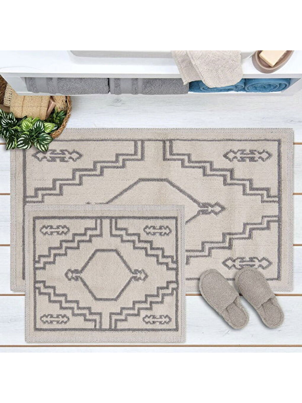 Soft Klas 2'li Banyo Paspası - Ekru / Gri - 60x100 cm + 50x60 cm