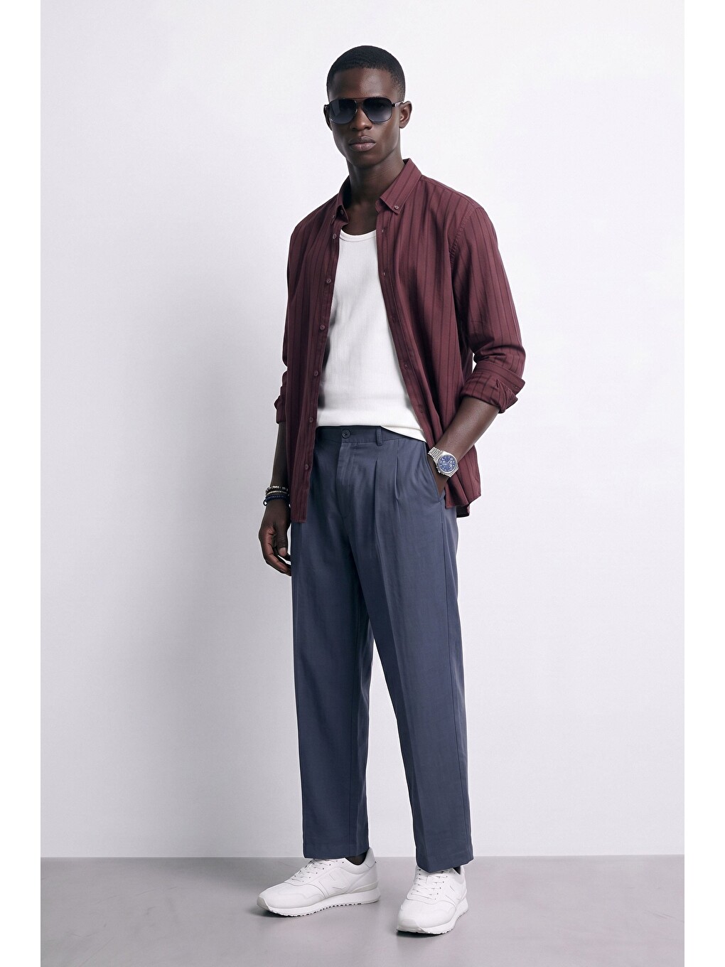 Erkek Oversize Tekstürlü Çizgili Uzun Kollu Gömlek Bordo-4