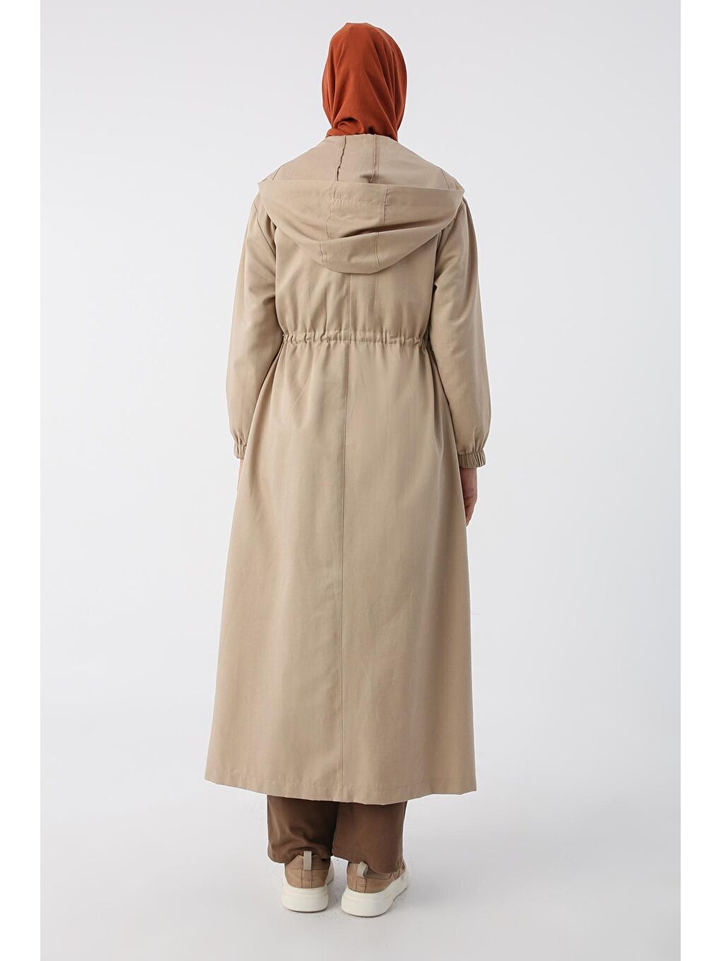 Bej Beli Büzgülü Fermuarlı Kapüşonlu Ferace-3