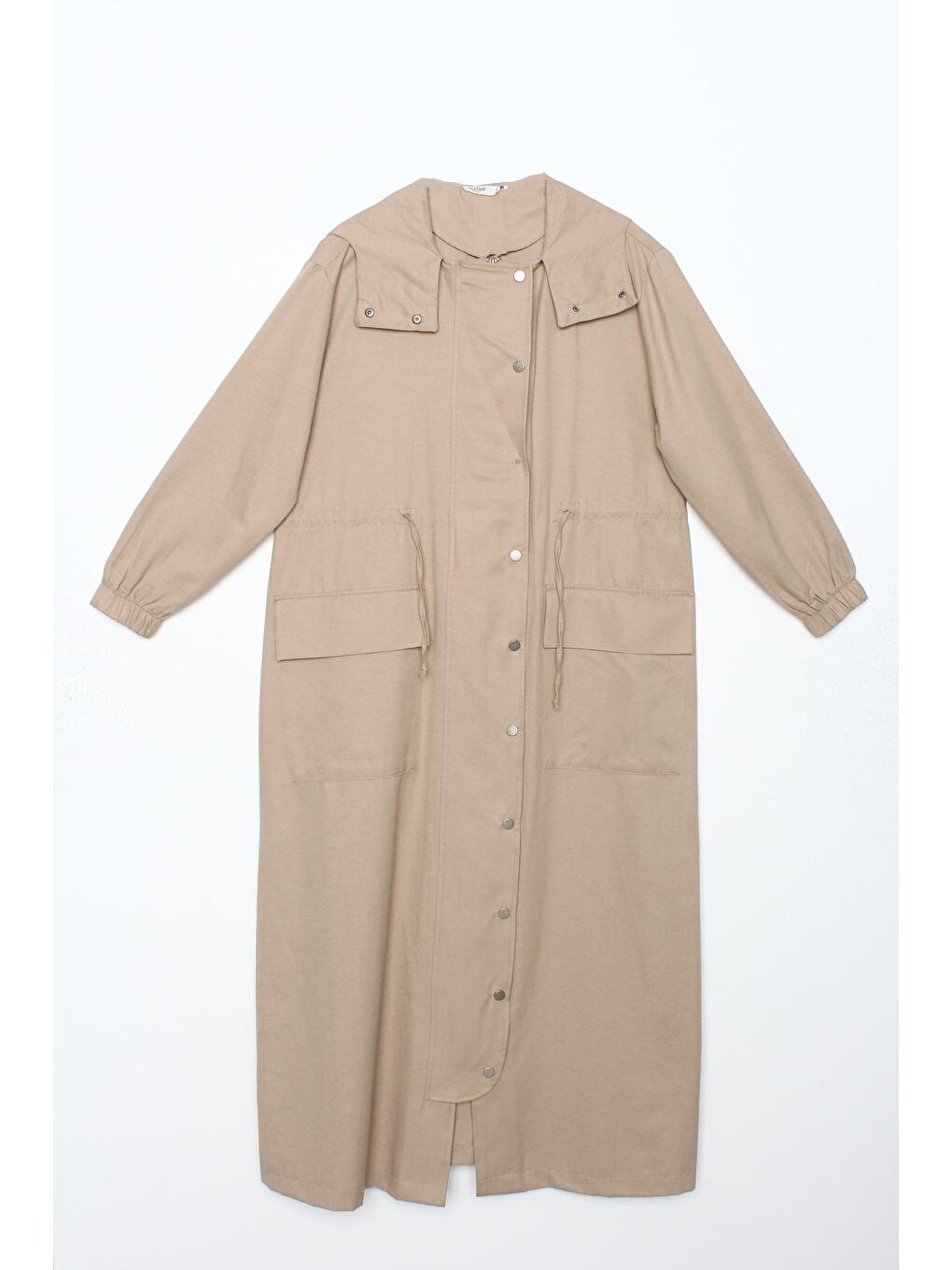 Bej Beli Büzgülü Fermuarlı Kapüşonlu Ferace-4