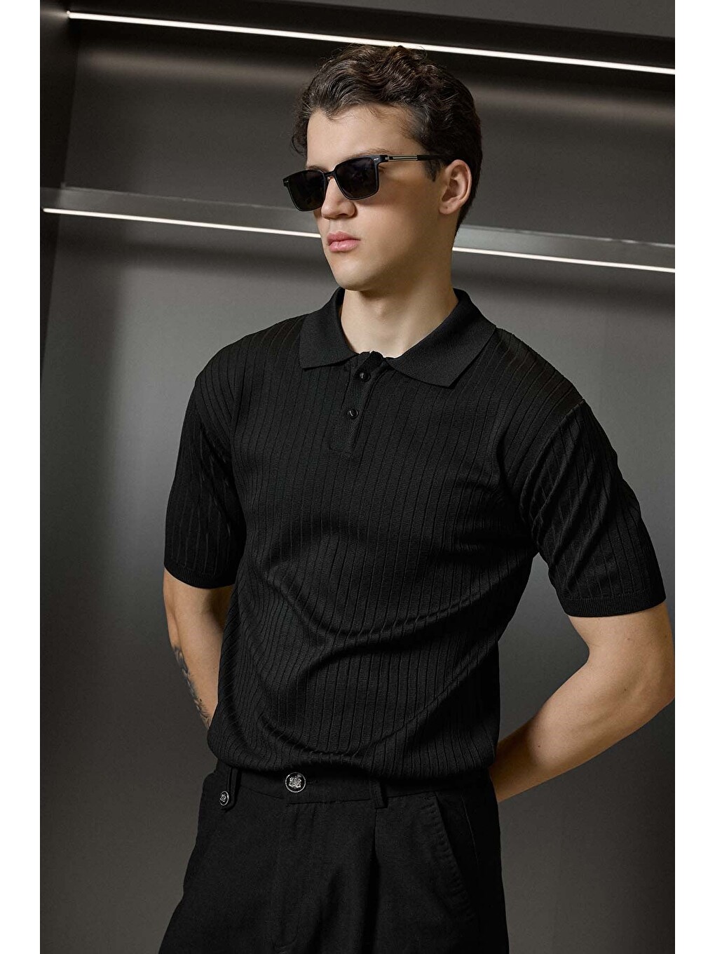 Erkek Relaxed Fit Fitilli Triko Polo Yaka Tişört Siyah-2