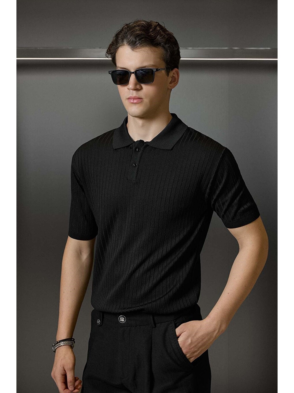 Erkek Relaxed Fit Fitilli Triko Polo Yaka Tişört Siyah-4