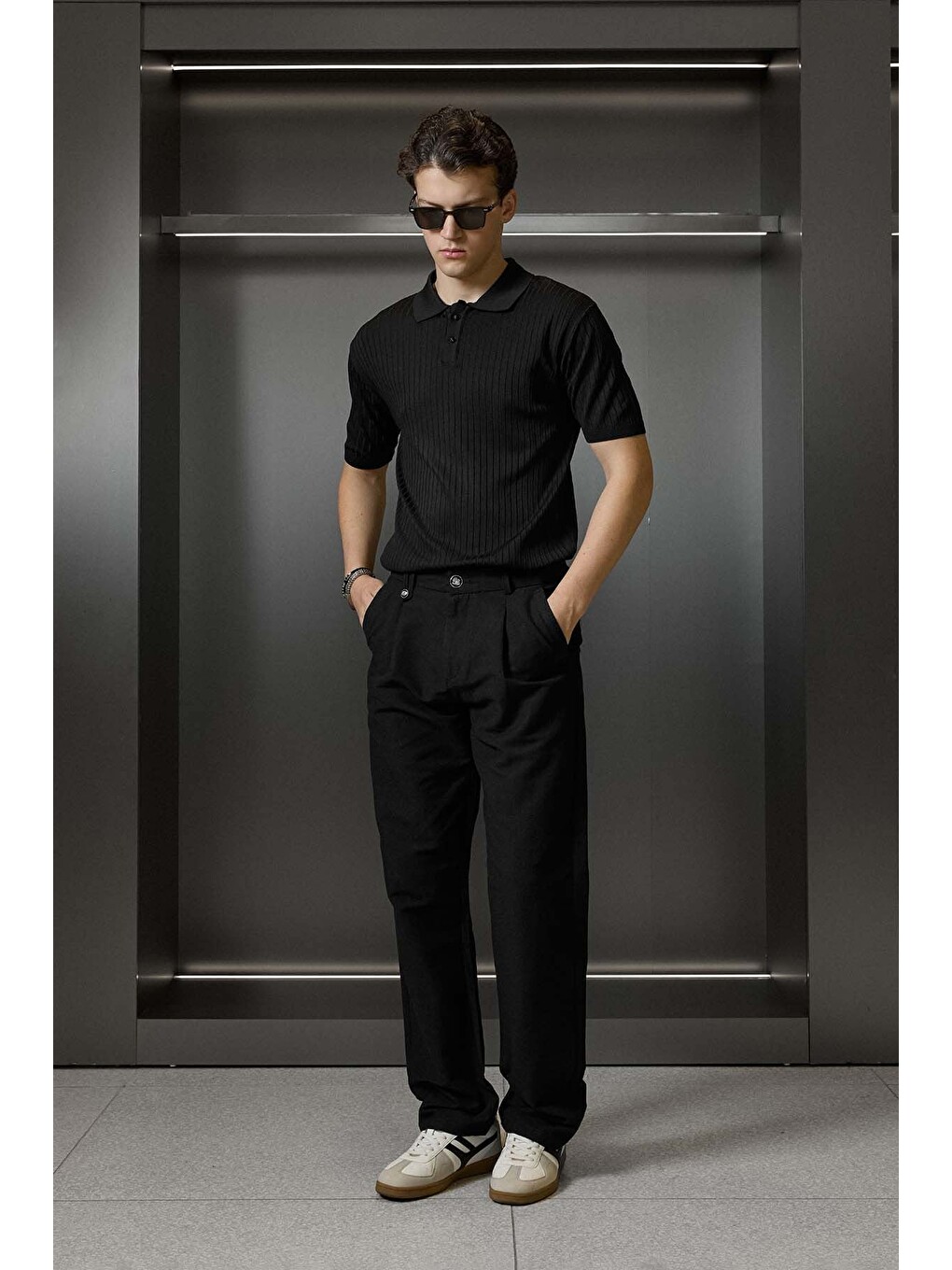 Erkek Relaxed Fit Fitilli Triko Polo Yaka Tişört Siyah-5