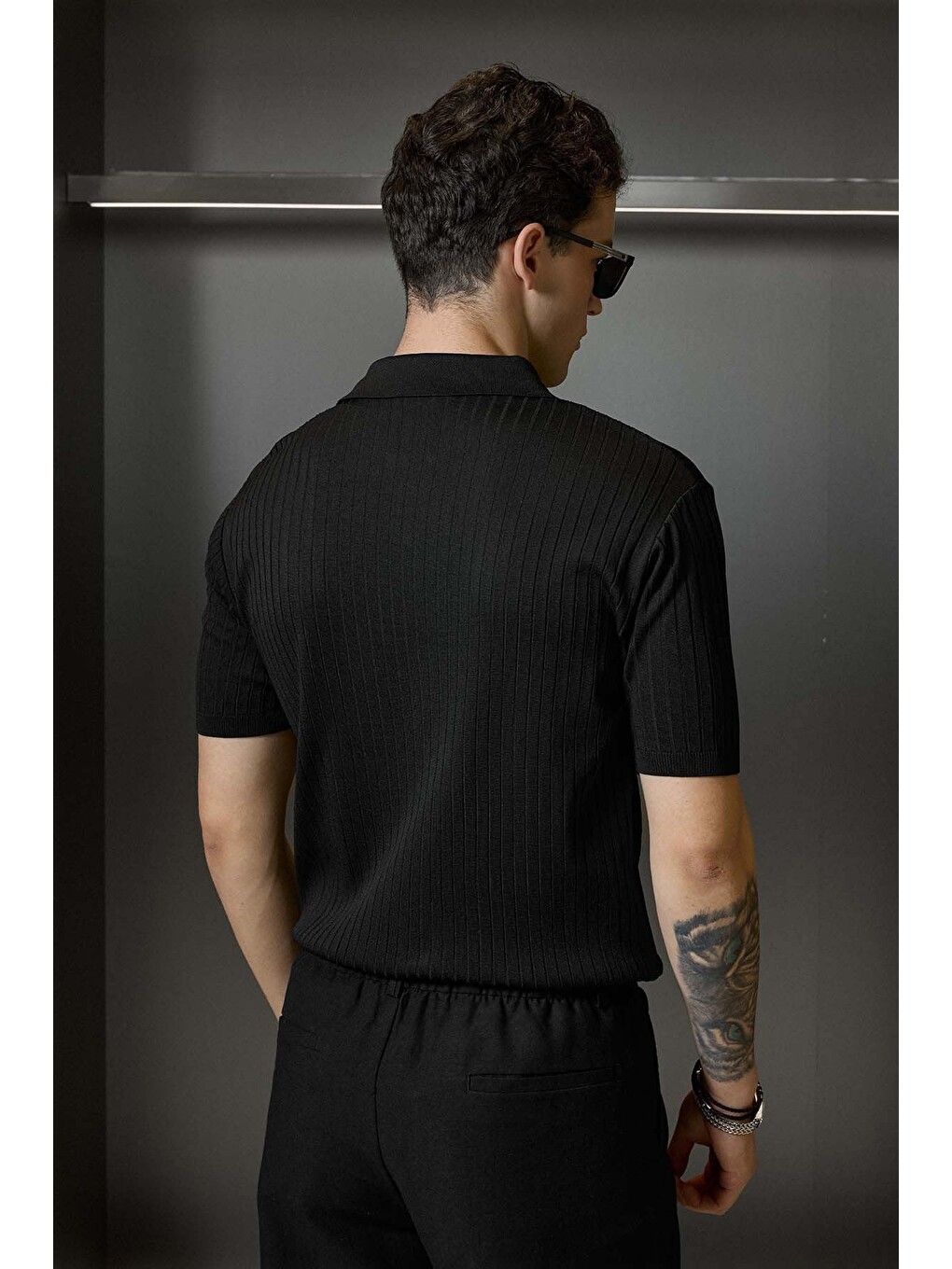 Erkek Relaxed Fit Fitilli Triko Polo Yaka Tişört Siyah-6