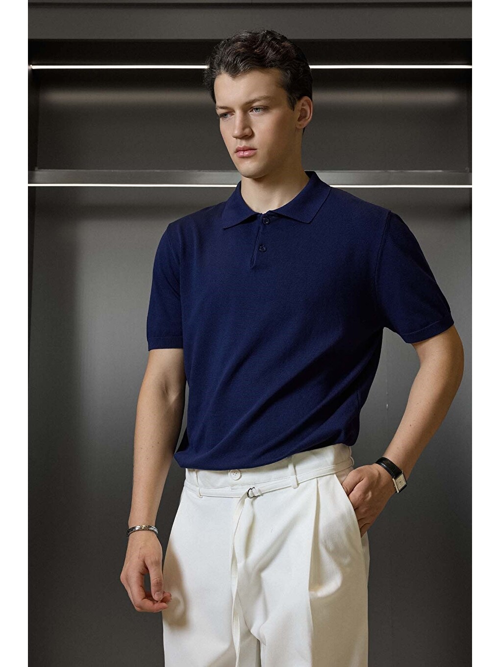 Erkek Regular Fit Örme Kumaş Basic Polo Yaka T-shirt Lacivert-2