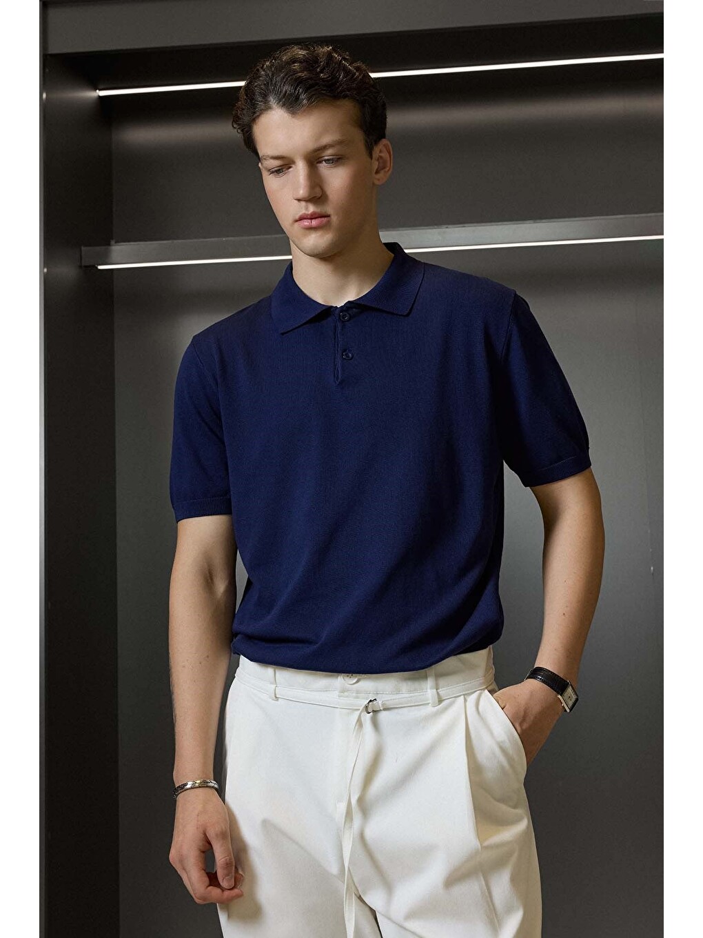 Erkek Regular Fit Örme Kumaş Basic Polo Yaka T-shirt Lacivert-4