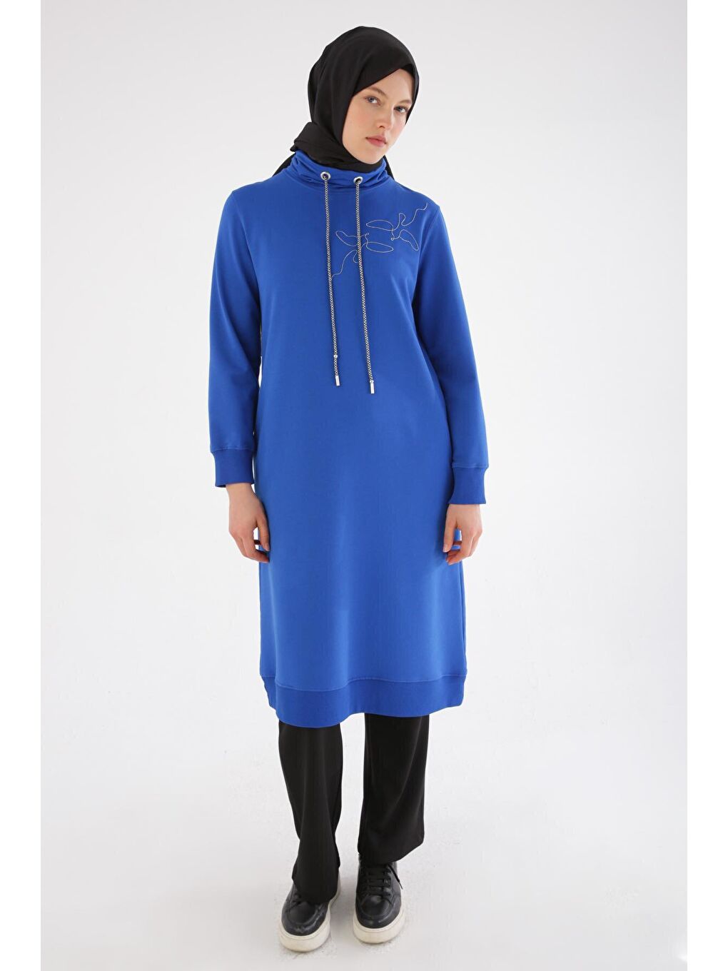 Mavi Saks Zincir Nakışlı Dik Yaka Tunik-1