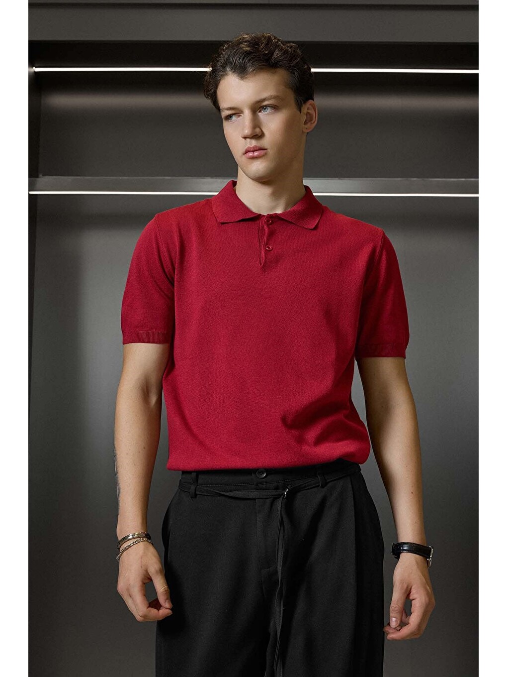 Erkek Regular Fit Örme Kumaş Basic Polo Yaka T-shirt Kırmızı-2