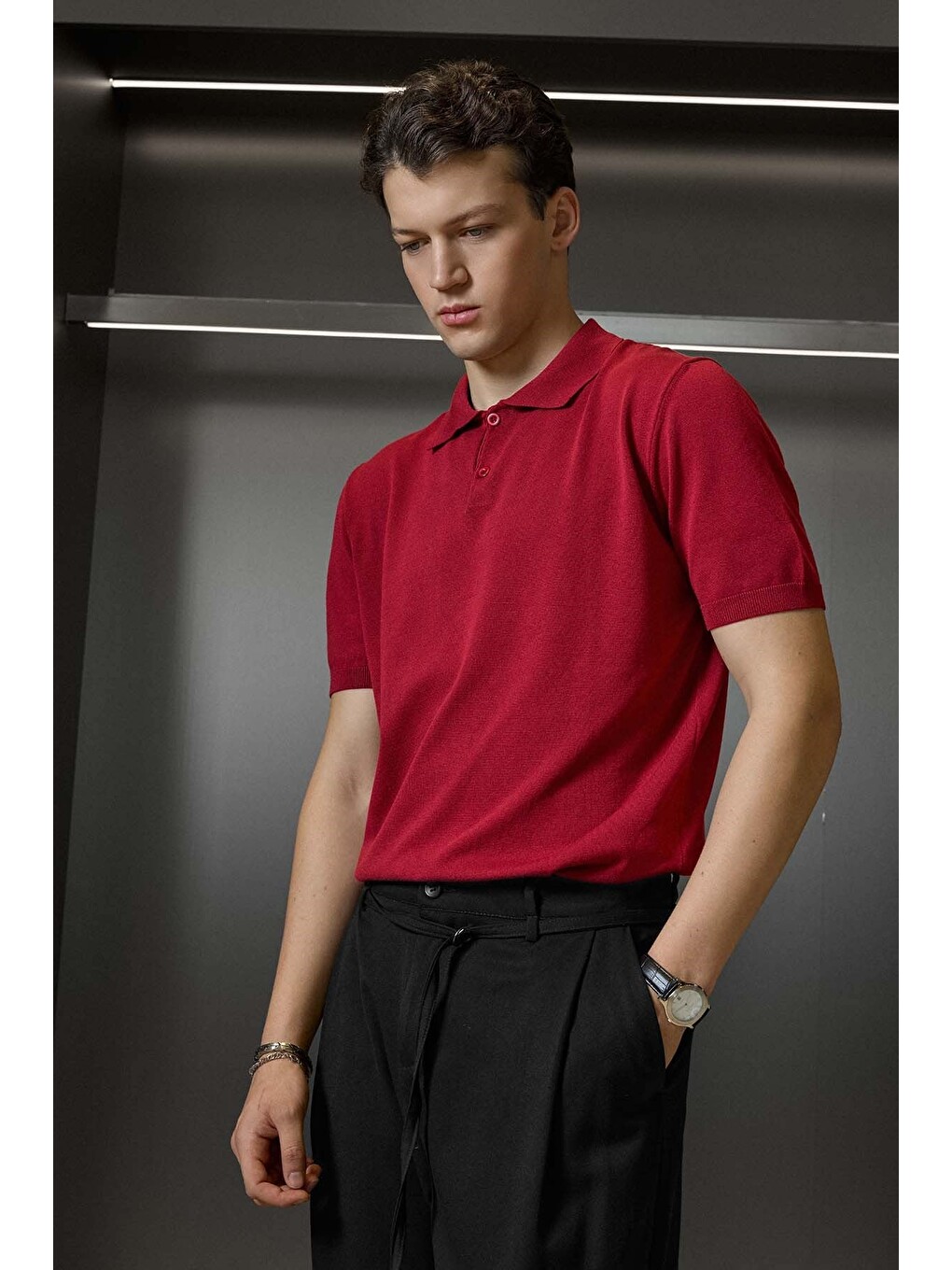 Erkek Regular Fit Örme Kumaş Basic Polo Yaka T-shirt Kırmızı-4