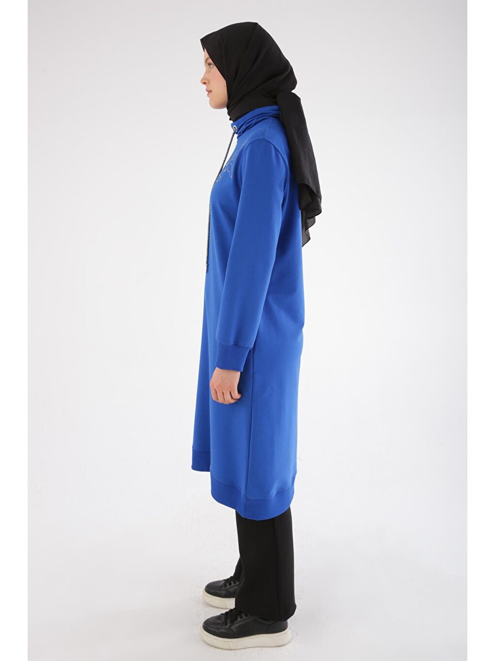 Mavi Saks Zincir Nakışlı Dik Yaka Tunik-2