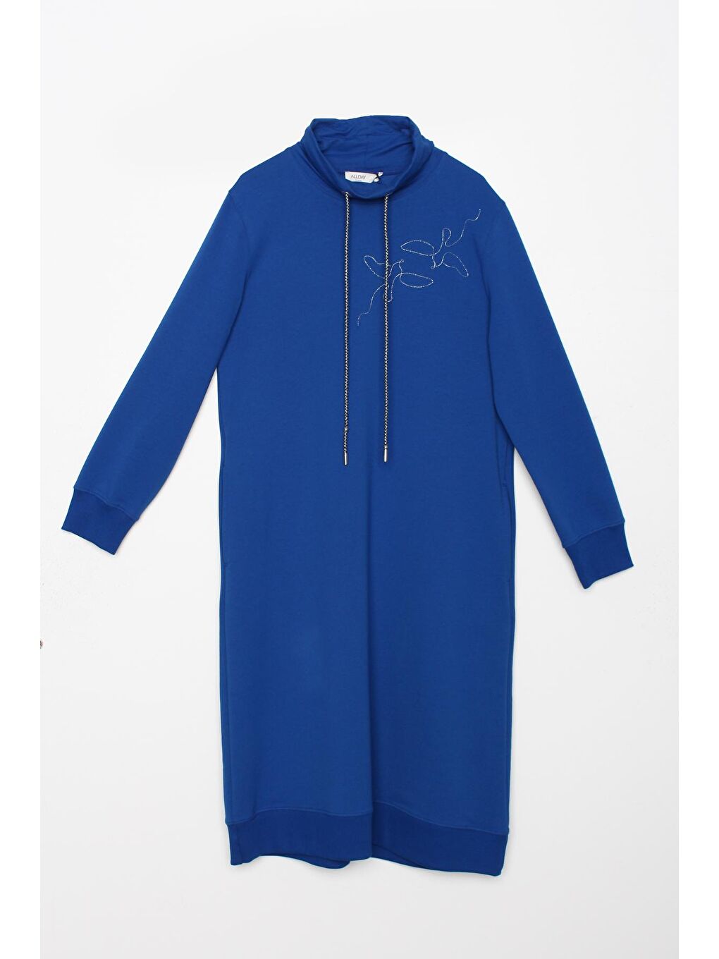 Mavi Saks Zincir Nakışlı Dik Yaka Tunik-4