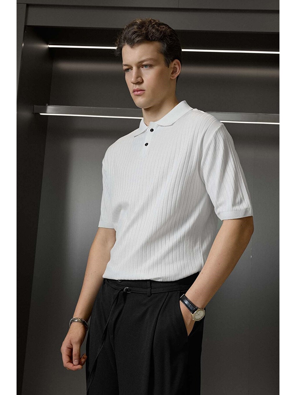 Erkek Relaxed Fit Fitilli Triko Polo Yaka Tişört Beyaz-2