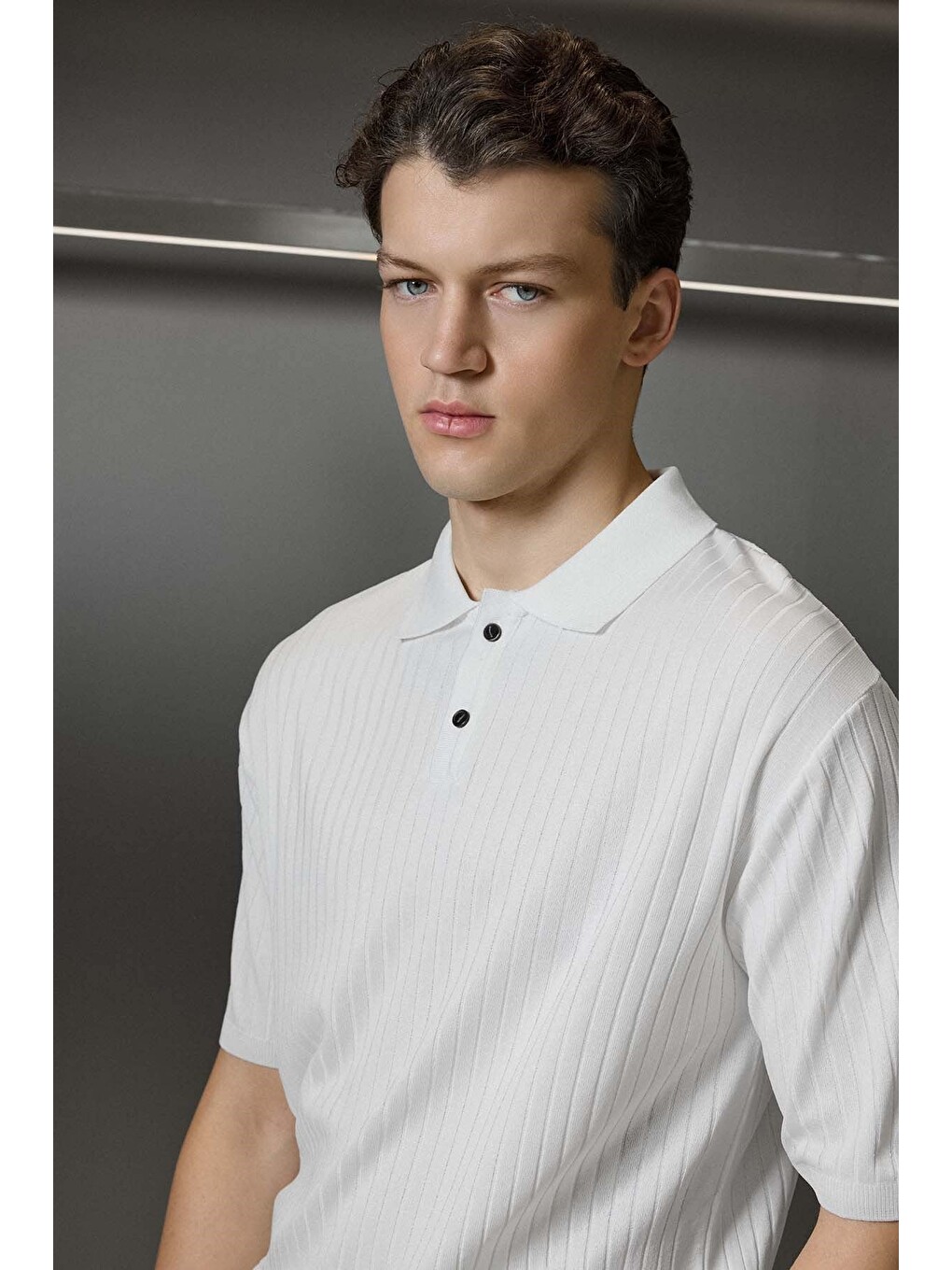 Erkek Relaxed Fit Fitilli Triko Polo Yaka Tişört Beyaz-3
