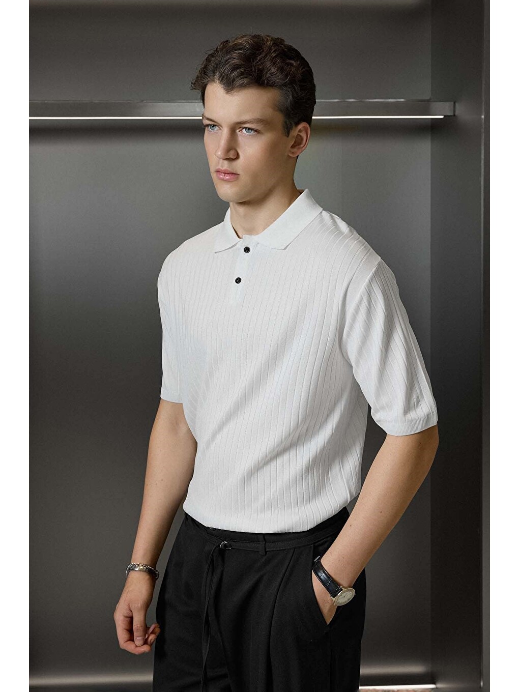 Erkek Relaxed Fit Fitilli Triko Polo Yaka Tişört Beyaz-4