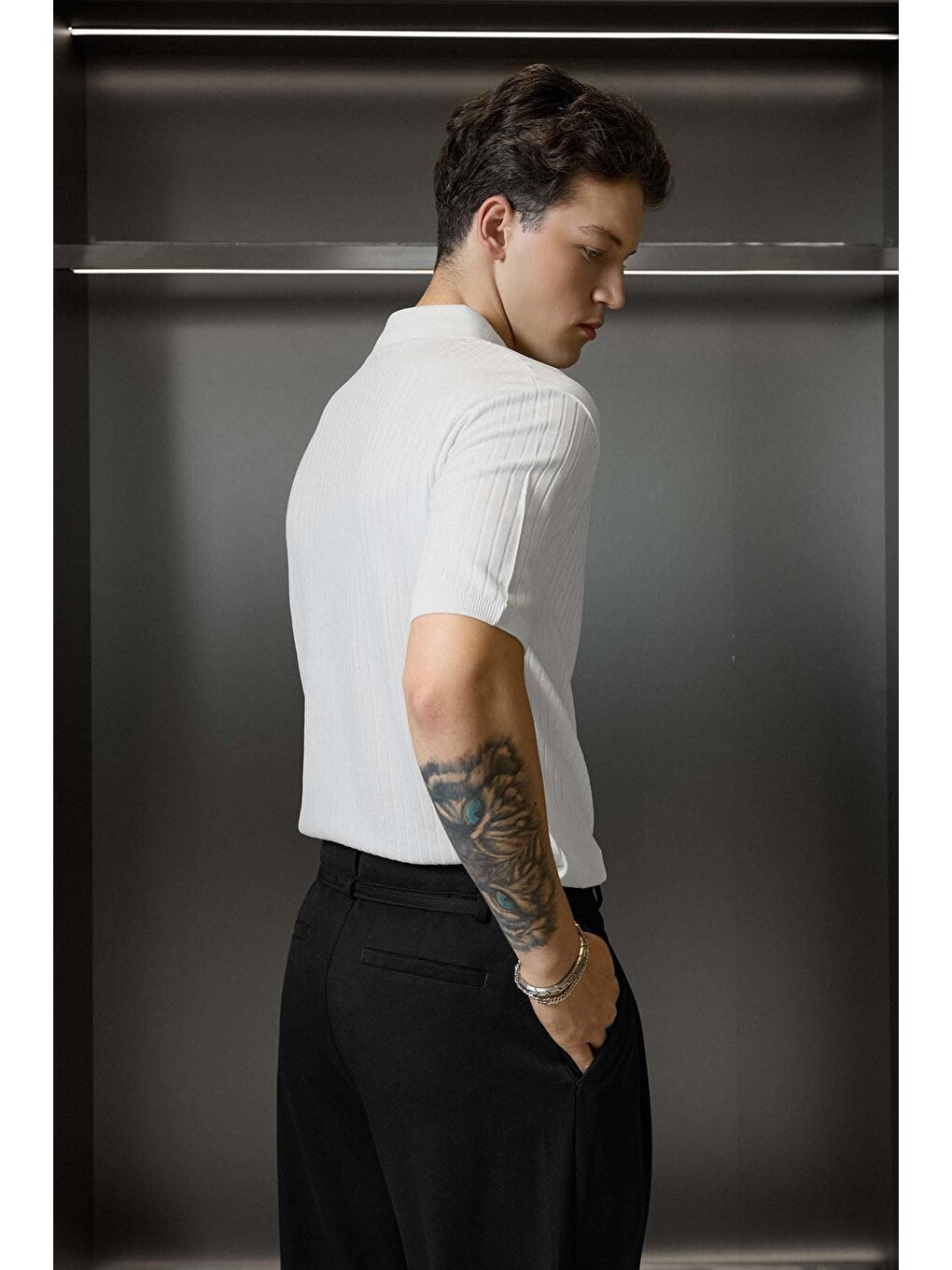 Erkek Relaxed Fit Fitilli Triko Polo Yaka Tişört Beyaz-5