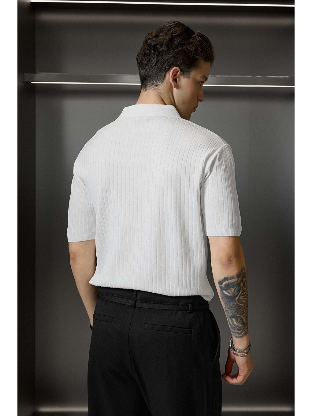 Erkek Relaxed Fit Fitilli Triko Polo Yaka Tişört Beyaz-6