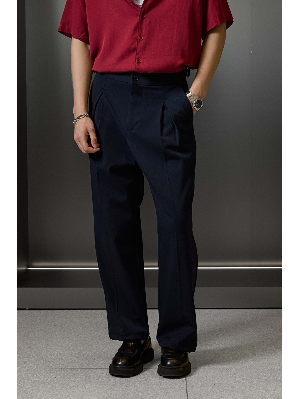 Erkek Süper Baggy Pileli Geniş Paça Gabardin Pantolon Lacivert-2