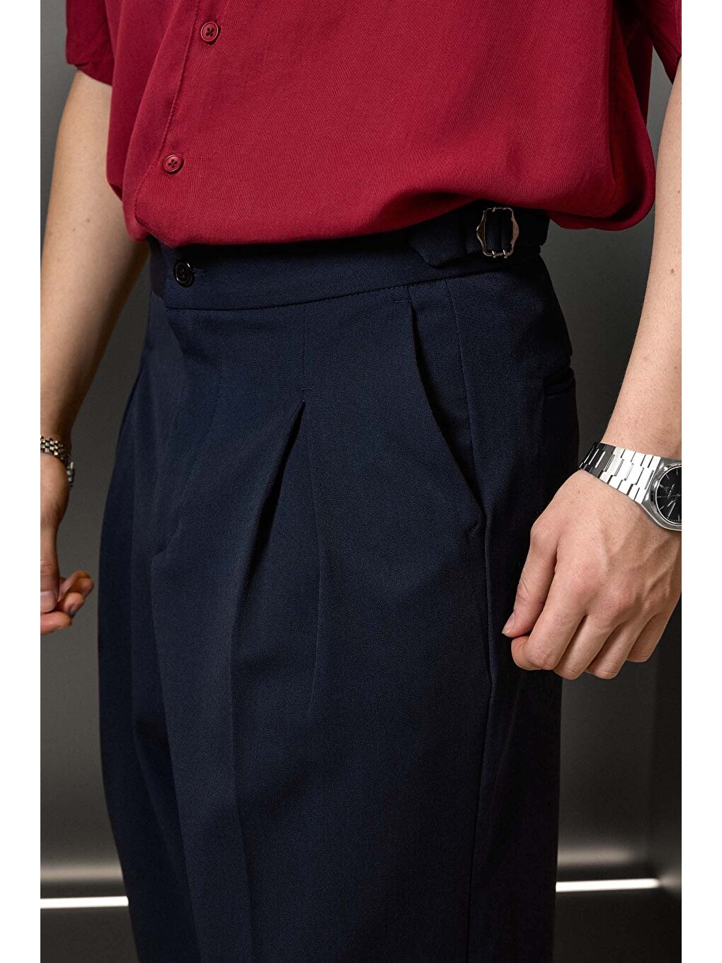 Erkek Süper Baggy Pileli Geniş Paça Gabardin Pantolon Lacivert-3