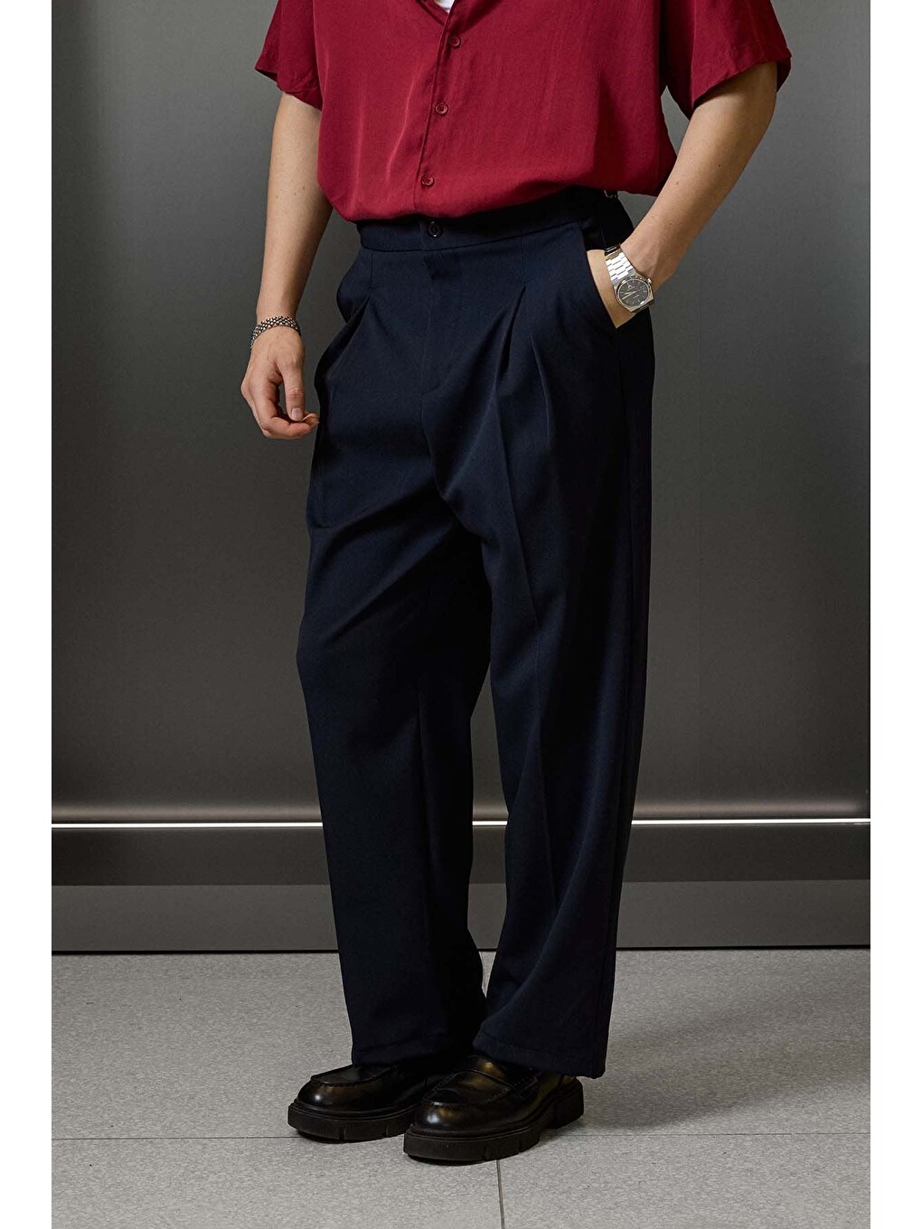 Erkek Süper Baggy Pileli Geniş Paça Gabardin Pantolon Lacivert-4
