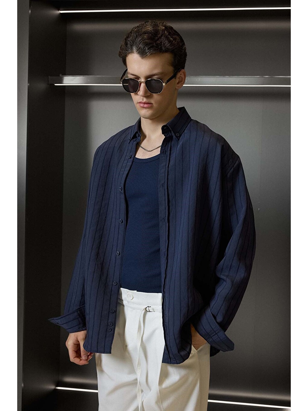 Erkek Oversize Tekstürlü Çizgili Uzun Kollu Gömlek Lacivert-4
