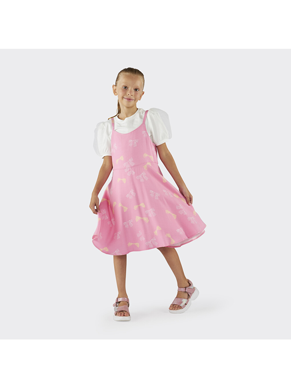 Kız Çocuk Desenli İki Parçalı Pembe Elbise-3