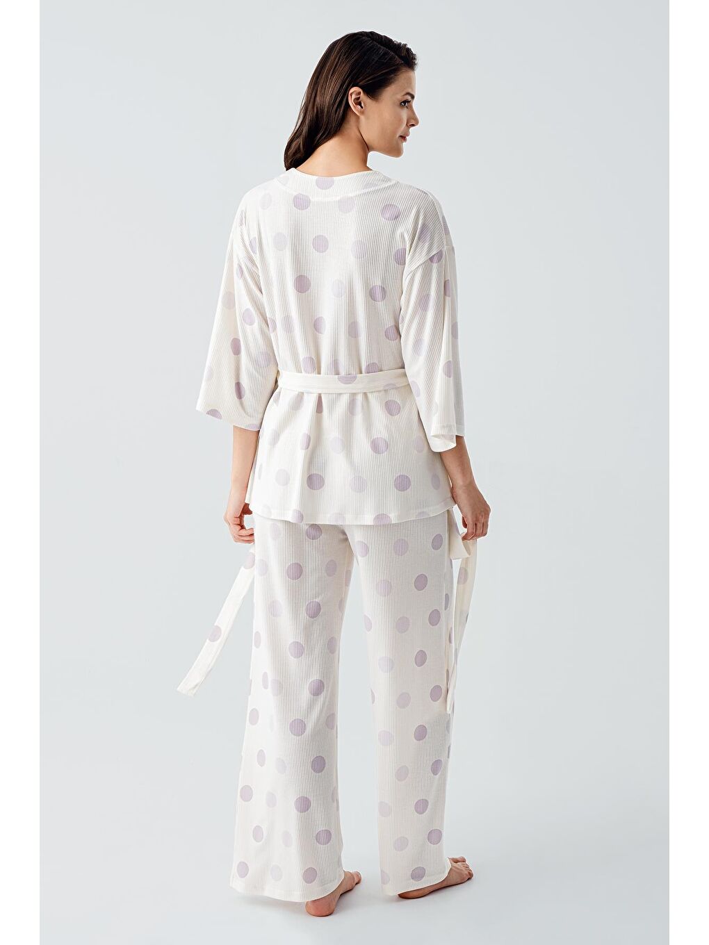 Lila Trukvakar Kol Puantiyeli Kimono Esnek Viskoz Pijama Takım 17212-1