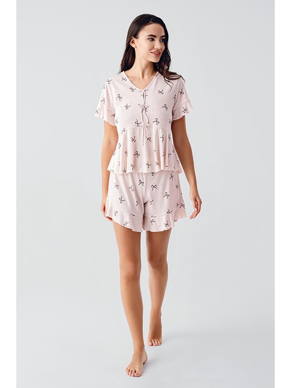 Pembe Fiyonk Desenli Kısa Kollu Esnek Viskoz Şort Pijama Takım 17205-2
