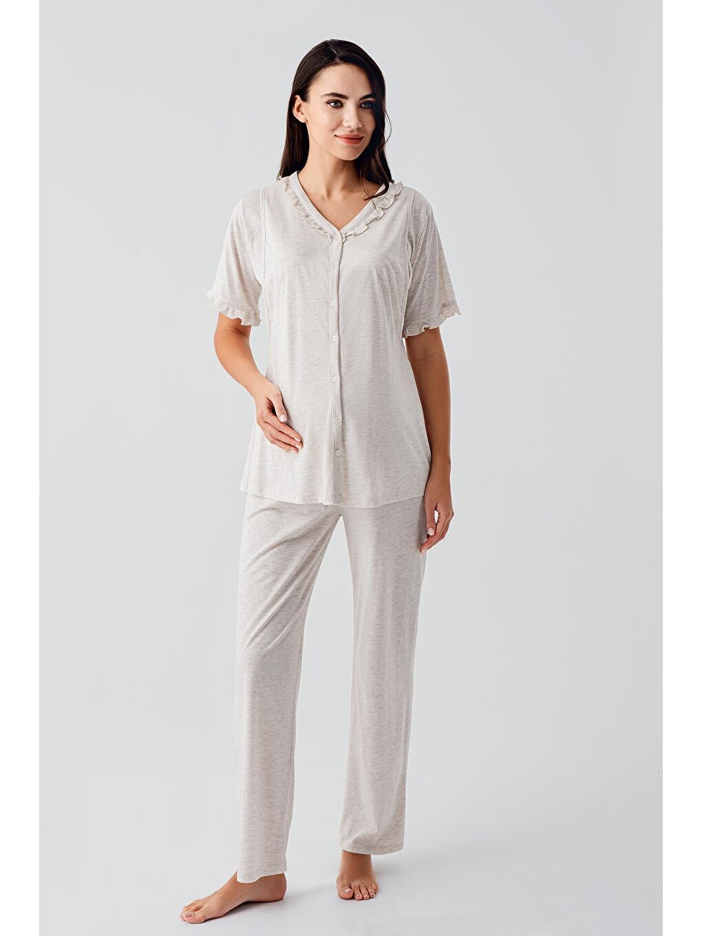 Bej Kısa Kollu Düğmeli Esnek Pamuklu Kumaş Hamile Pijama Takım 17200-2