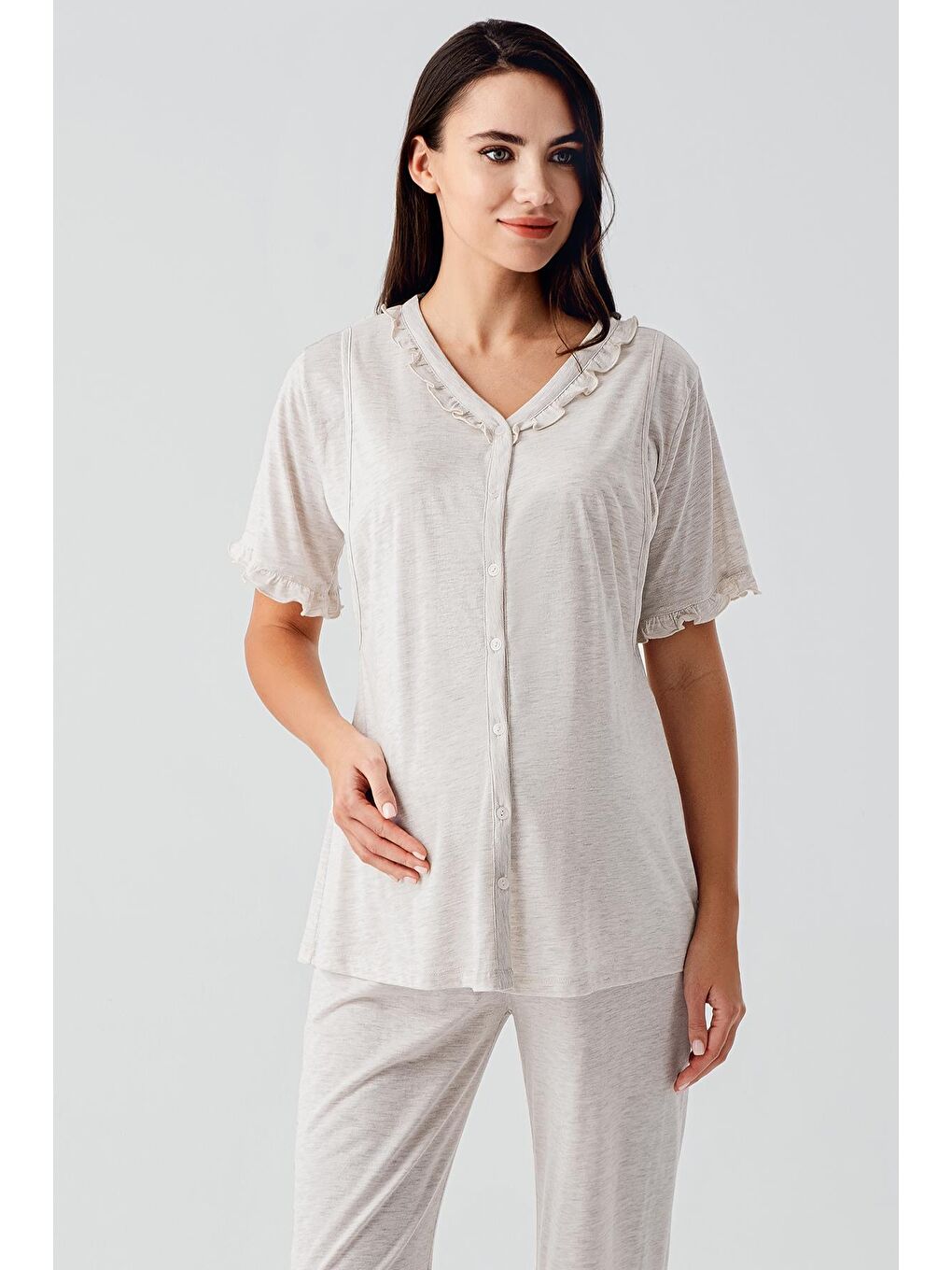 Bej Kısa Kollu Düğmeli Esnek Pamuklu Kumaş Hamile Pijama Takım 17200-3