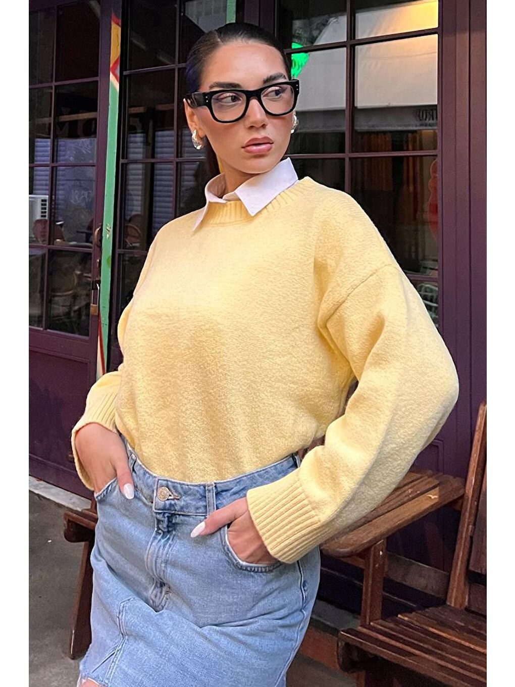 Sarı Bisiklet Yaka Oversize Triko Kazak Mg1972-2