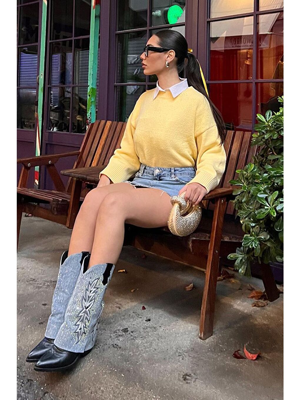 Sarı Bisiklet Yaka Oversize Triko Kazak Mg1972-7