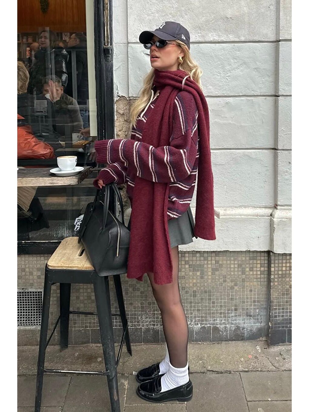 Bordo Çizgili Düğmeli Polo Yaka Kazak Mg2357-10