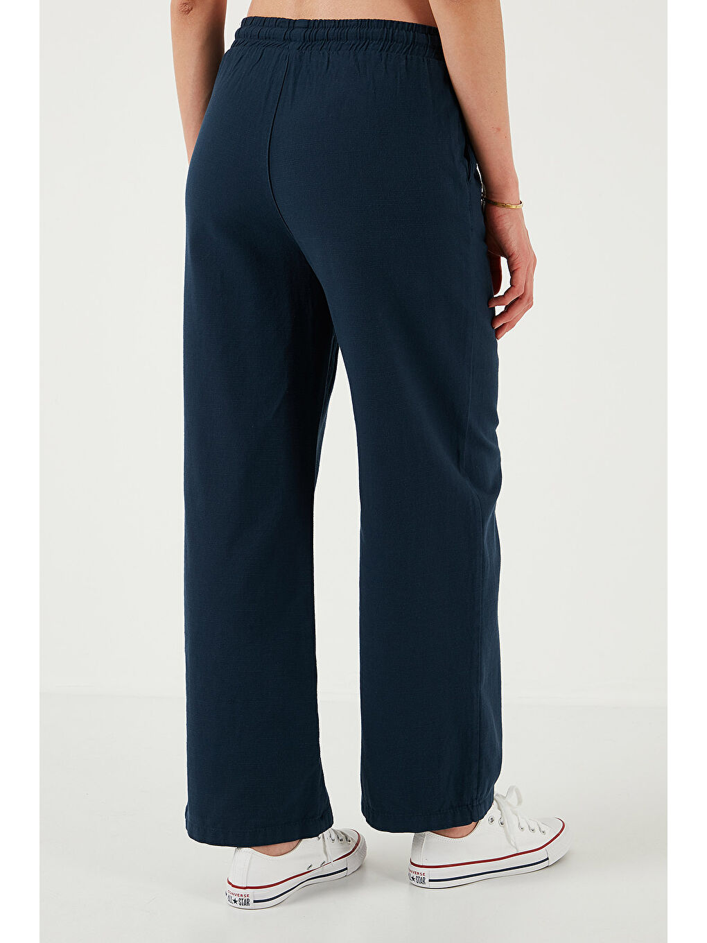 Lacivert Pamuklu Relaxed Fit Yüksek Bel Bol Paça Kadın Pantolon 668Yp5118-6