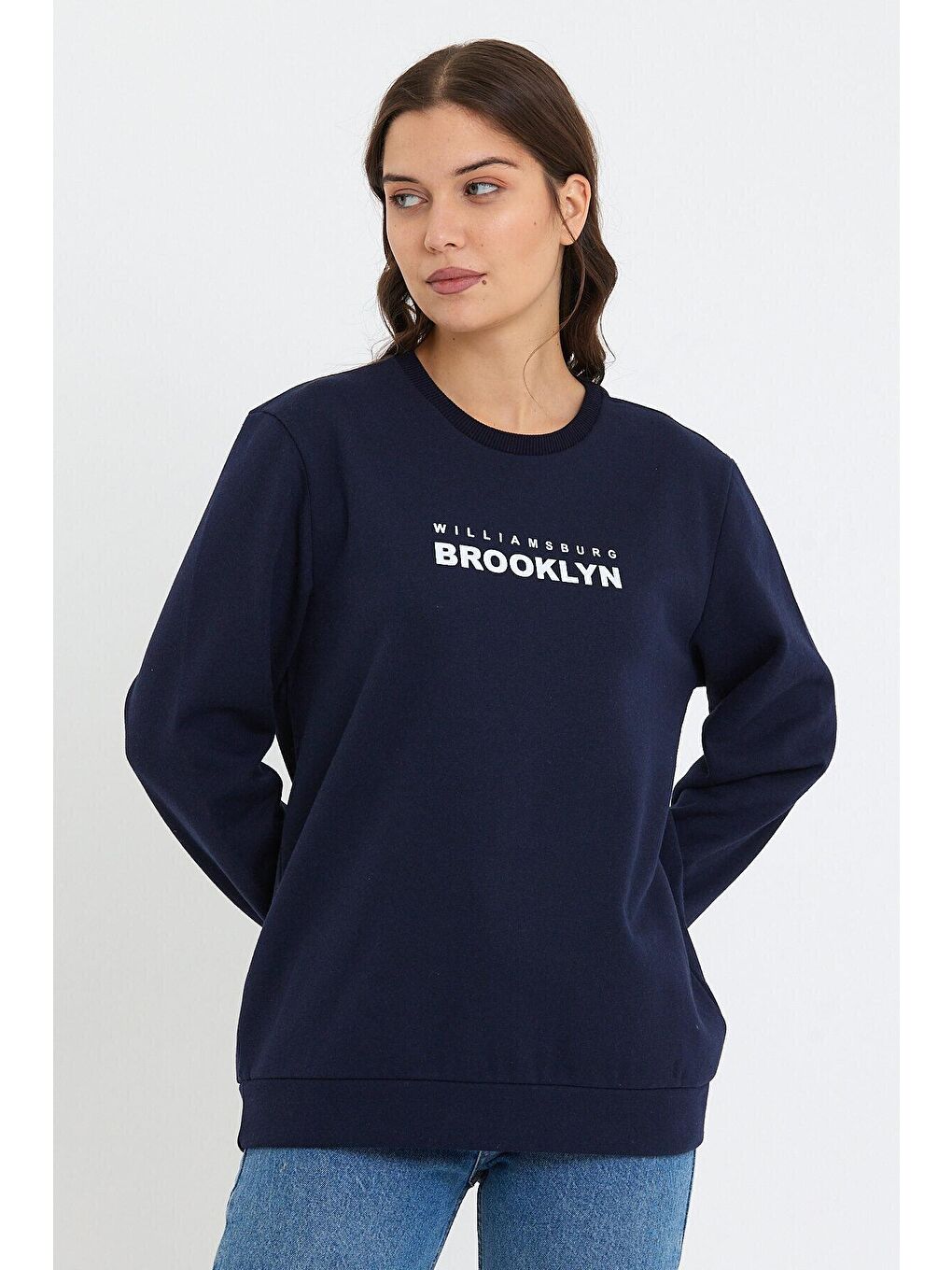 Lacivert Kadın Bisiklet Yaka Oversize Fit Brooklyn Baskılı İnce Sweatshirt SPR23SWK330