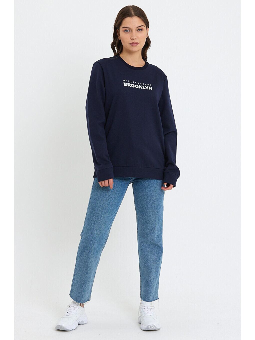 Lacivert Kadın Bisiklet Yaka Oversize Fit Brooklyn Baskılı İnce Sweatshirt SPR23SWK330-1
