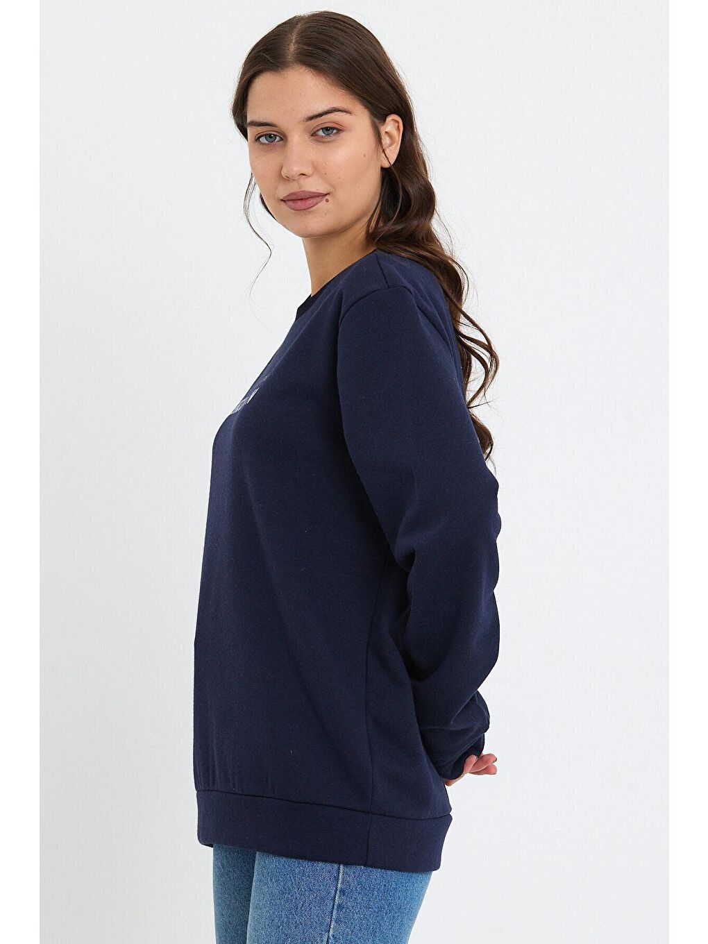 Lacivert Kadın Bisiklet Yaka Oversize Fit Brooklyn Baskılı İnce Sweatshirt SPR23SWK330-4