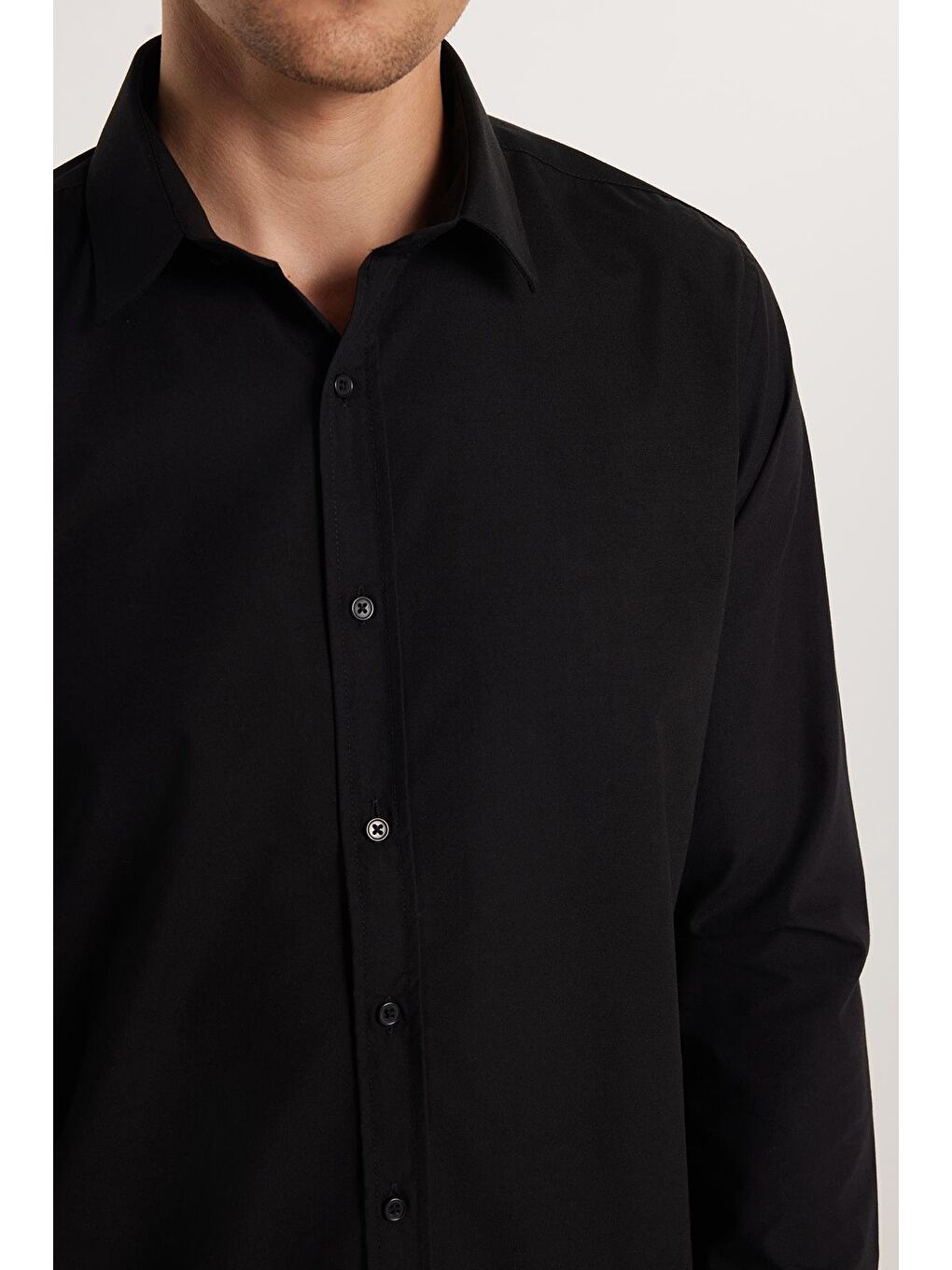 Erkek Slim Fit Dar Kesim Pamuklu Terry Pamuk Kumaş Kolay Ütü Siyah Gömlek-3