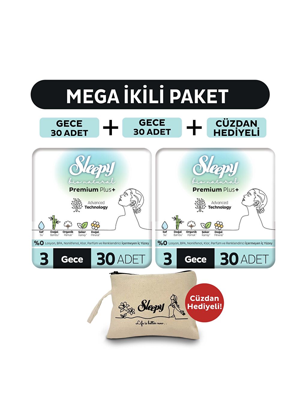 Bio Natural Premium Plus Hijyenik Ped Mega Paket Gece 30x2 (60 Adet) + Cüzdan Hediyeli