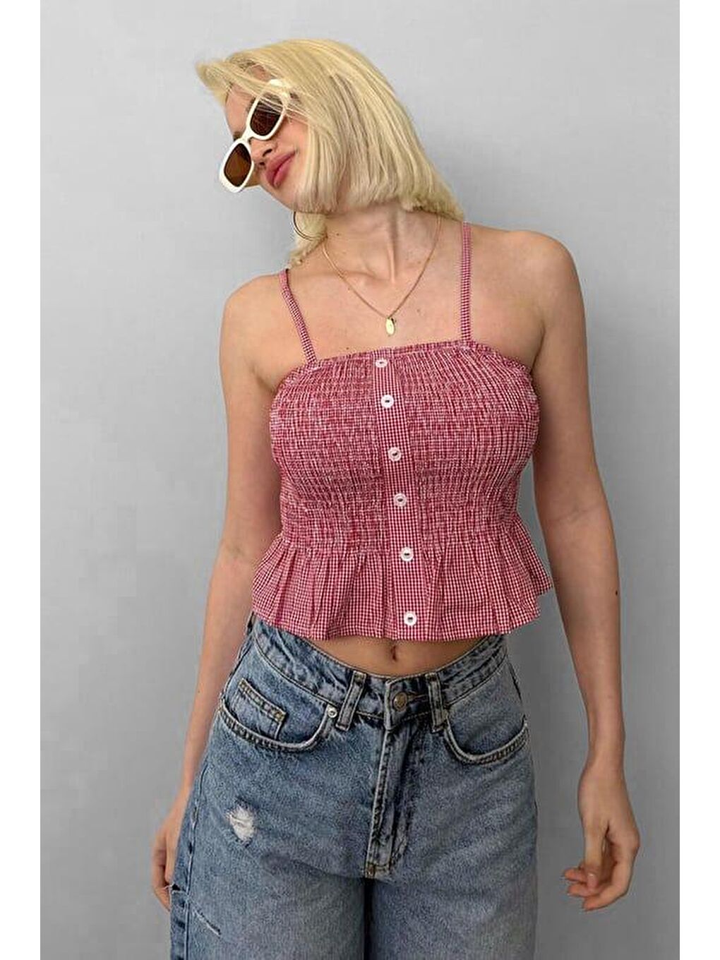 Kırmızı Ayarlanabilir Askı Pötikareli Crop Mg2371-1