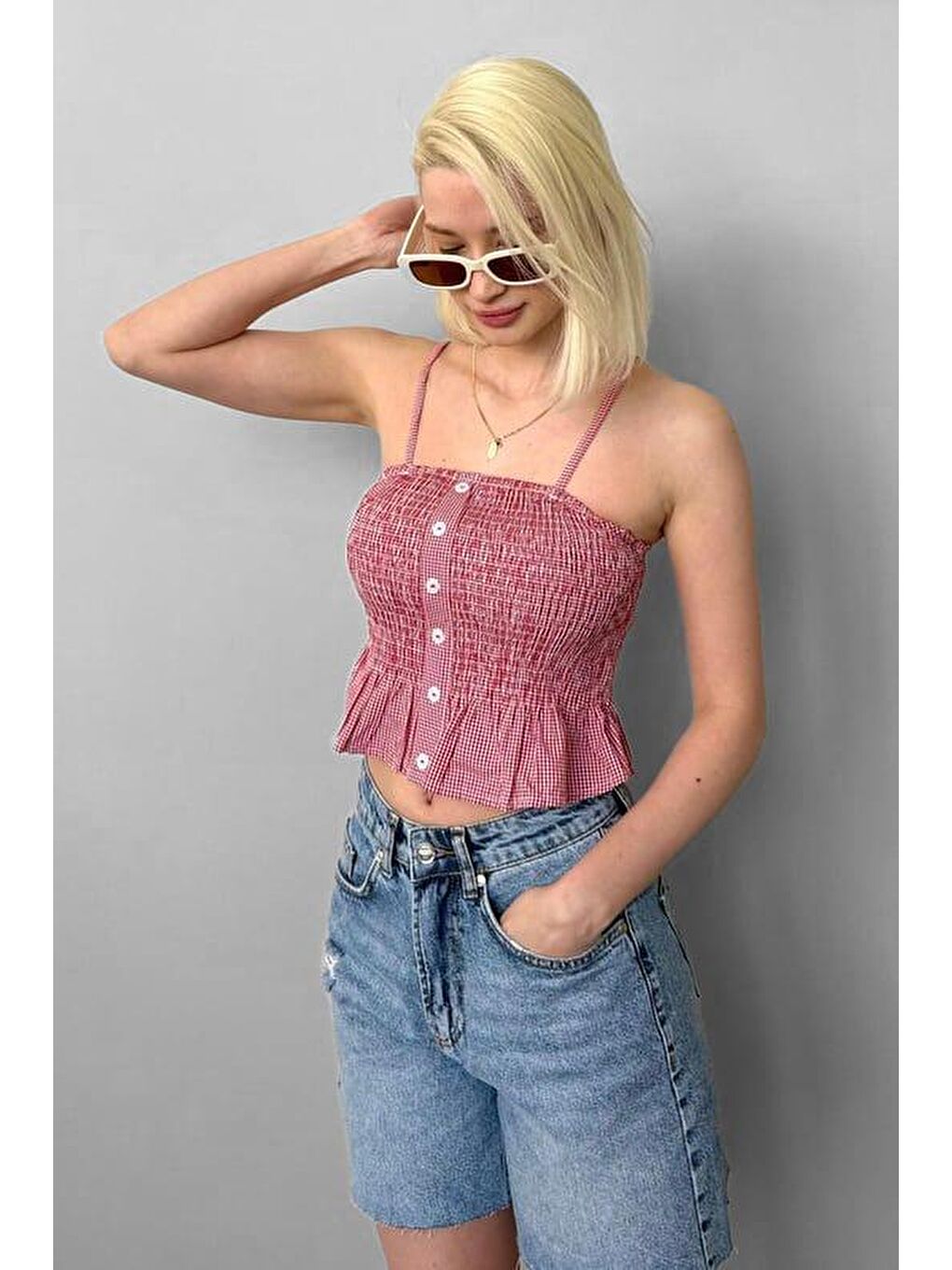 Kırmızı Ayarlanabilir Askı Pötikareli Crop Mg2371-2