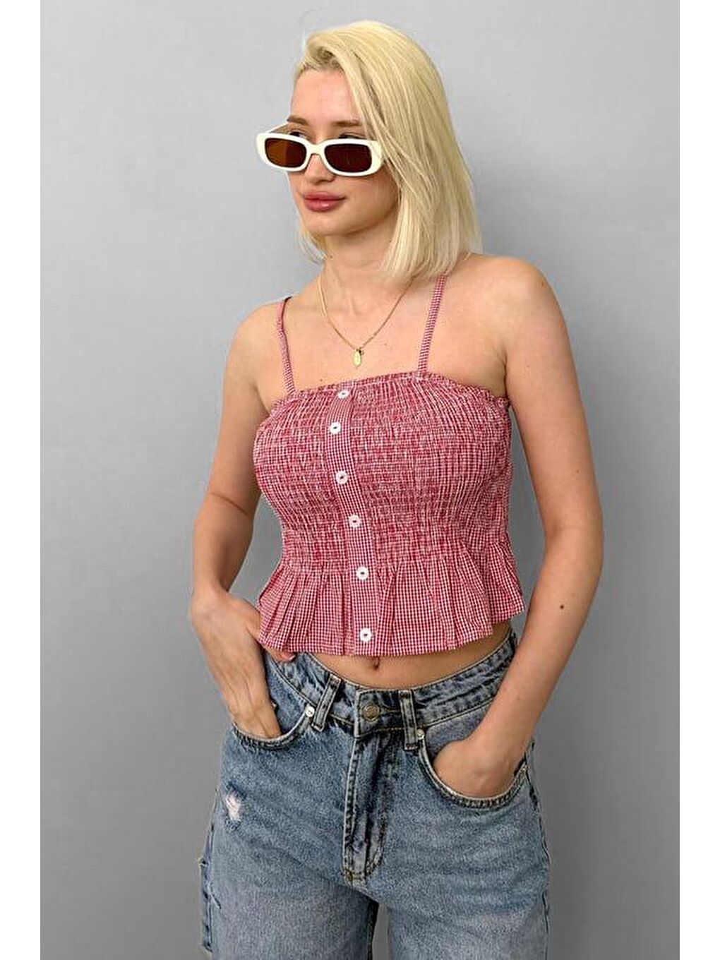 Kırmızı Ayarlanabilir Askı Pötikareli Crop Mg2371-6